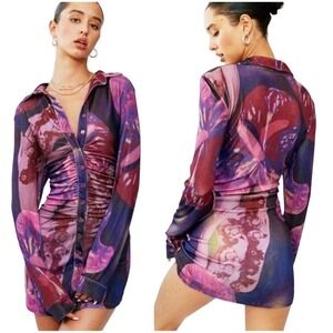 With Jéan Flamboyant Anthurium Button Up Collar Floral Fitted Mini Andy Dress M